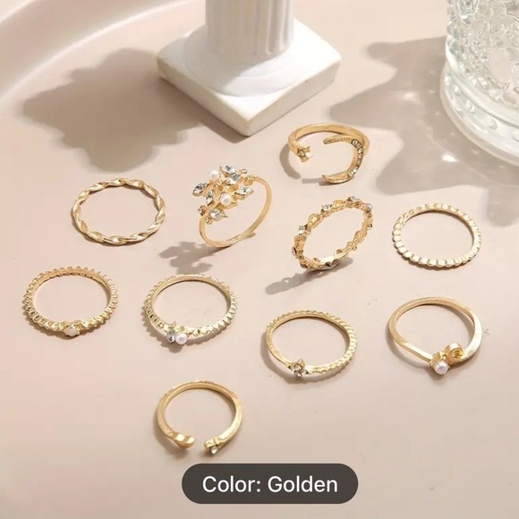 Trendy 10-Piece Golden Alloy Ring Set with Crystal Mosaic